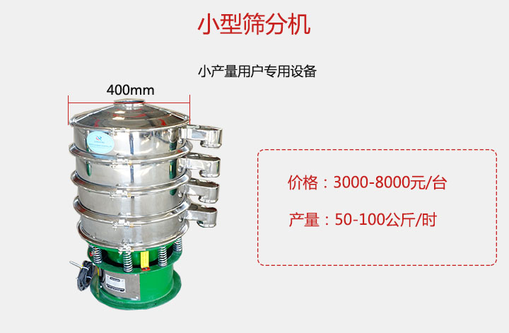 小型篩分機產量可達100公斤/時，價格3000元起。